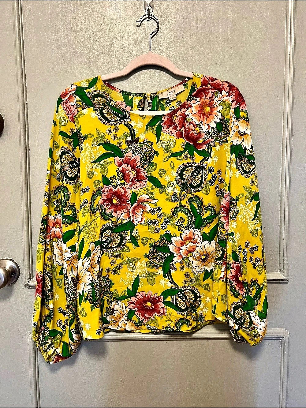 LOFT Yellow Floral Long Sleeve Blouse with Pink & Green Blooms - Size S